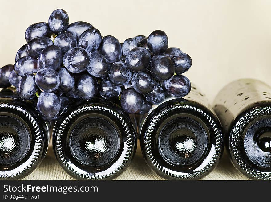 Bottles of red wine with fresh grapes. Bottles of red wine with fresh grapes