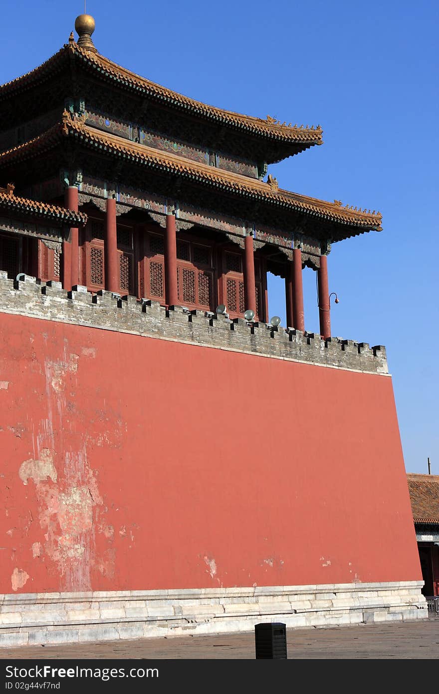 Ancient temple on wall in forbidden city was the Chinese imperial palace. It is located in Beijing, China.