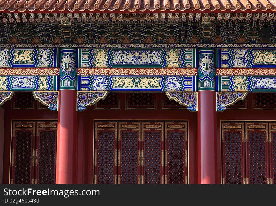 Facade of temple in forbidden city was the Chinese imperial palace. It is located in Beijing, China.