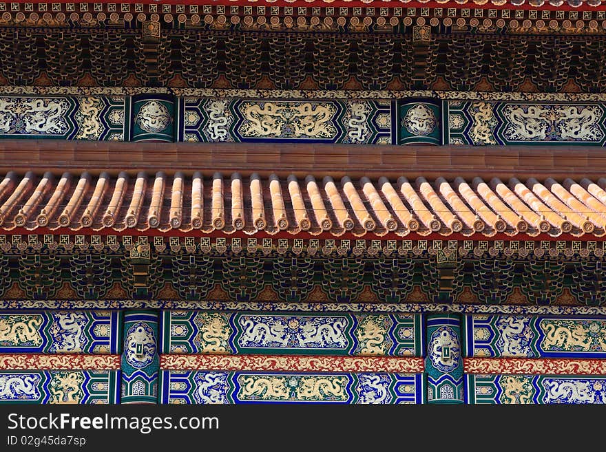 Patterned wall of temple in forbidden city was the Chinese imperial palace. It is located in Beijing, China.