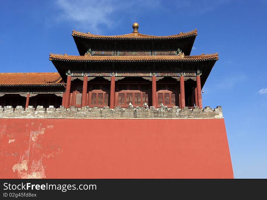 Red wall and temple in forbidden city was the Chinese imperial palace. It is located in Beijing, China.