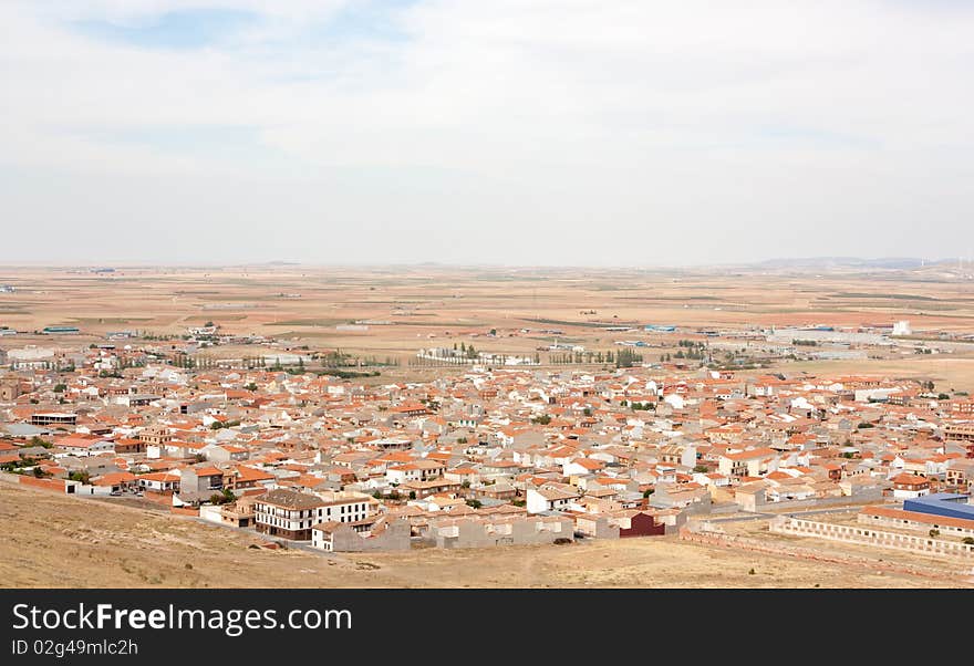 Village of Consuegra, in the province of Ciudad Real, community of Castilla-La Mancha (Spain). The adventures of Don Quixote took place in this area.