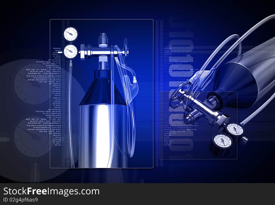 3d generated illustration of Aluminum oxygen tank with regulator. 3d generated illustration of Aluminum oxygen tank with regulator