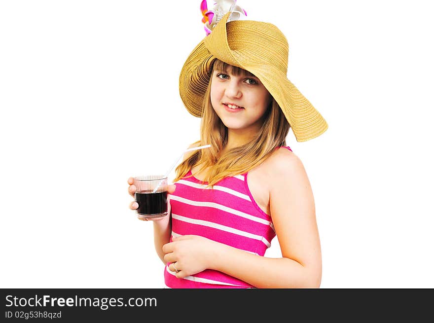 Drinking cheerful  teen girl wearing straw hat. Drinking cheerful  teen girl wearing straw hat