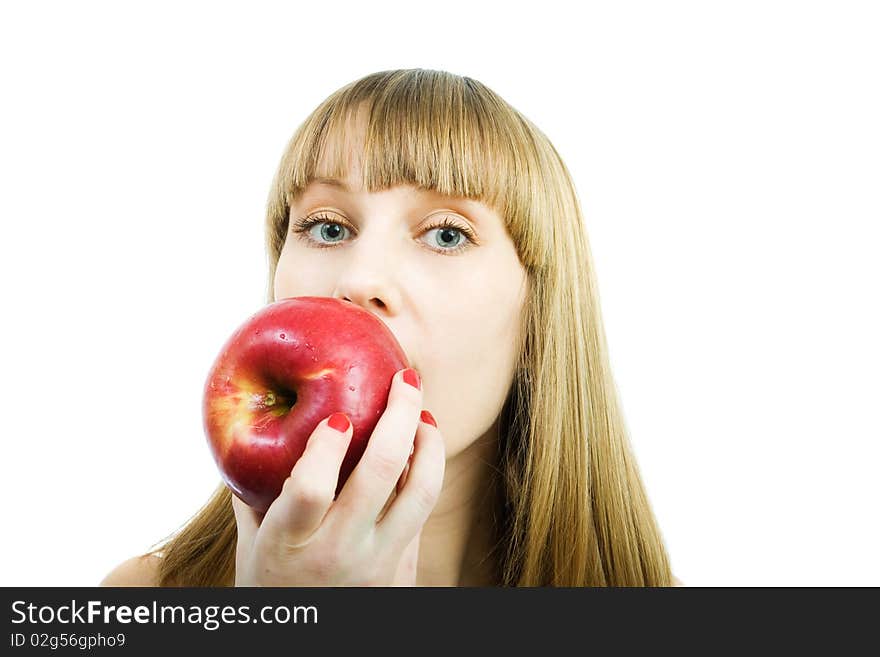 Young beautiful woman with a red apple