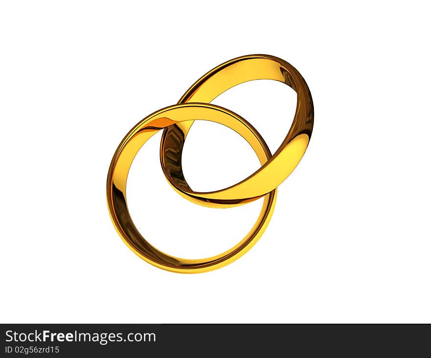 Intertwined golden wedding rings isolated on white background. High quality 3d render.