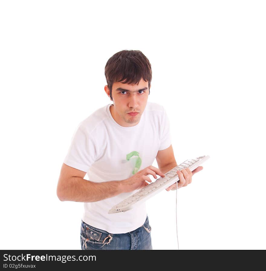 The young guy with a keyboard isolated on a white background