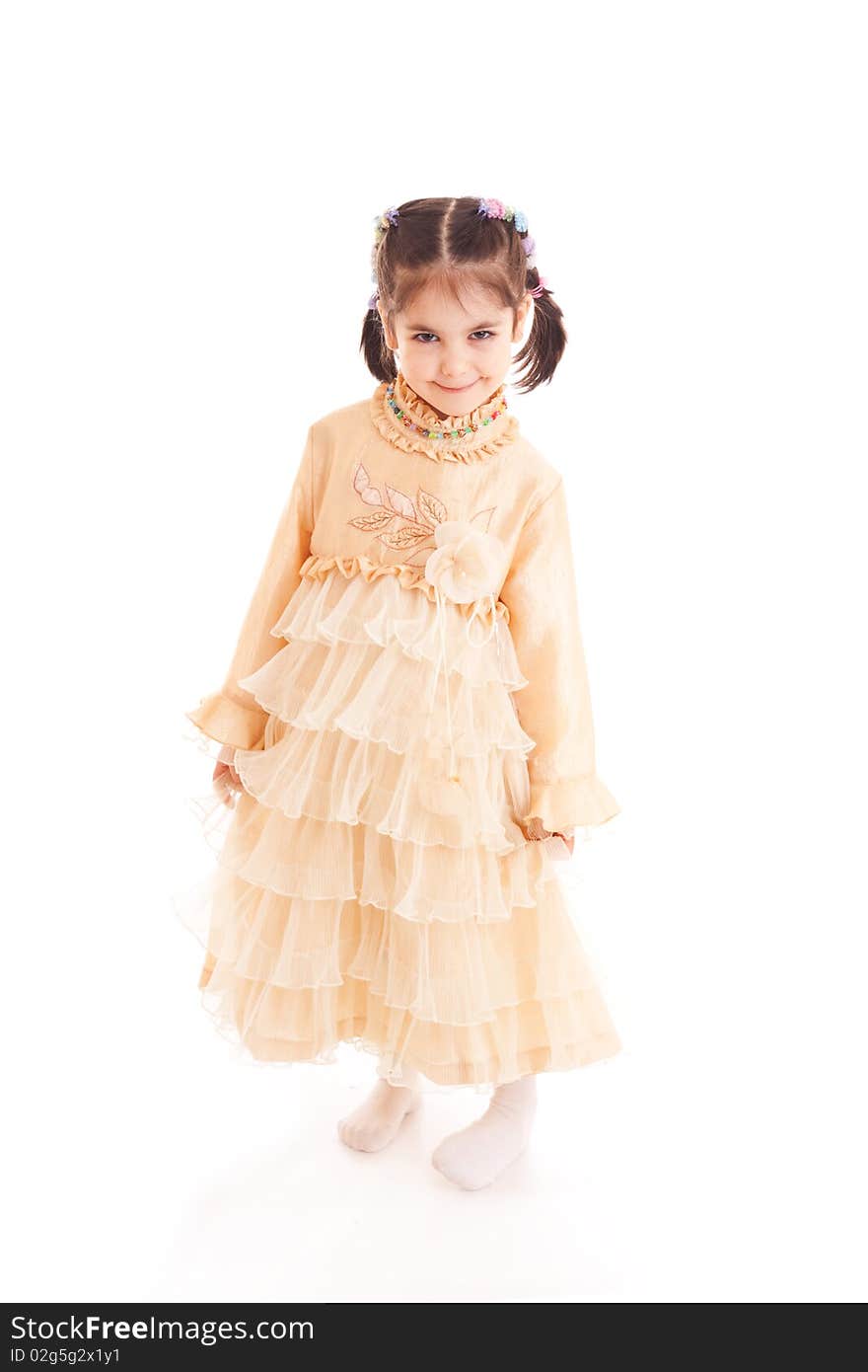 The little girl in a dress isolated on a white background