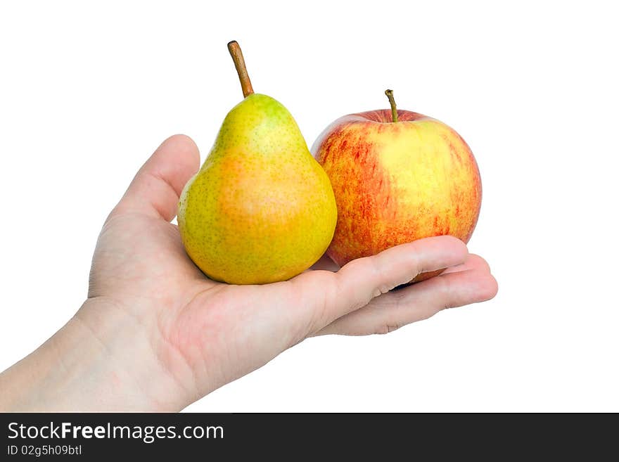 On hand is an apple and pear, isolated on white background. On hand is an apple and pear, isolated on white background.