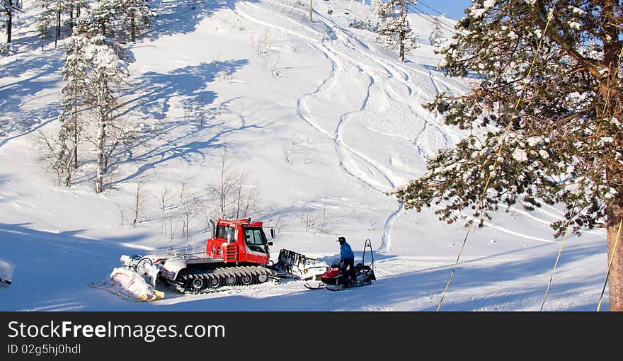 Maintenance vehicles in ski resort