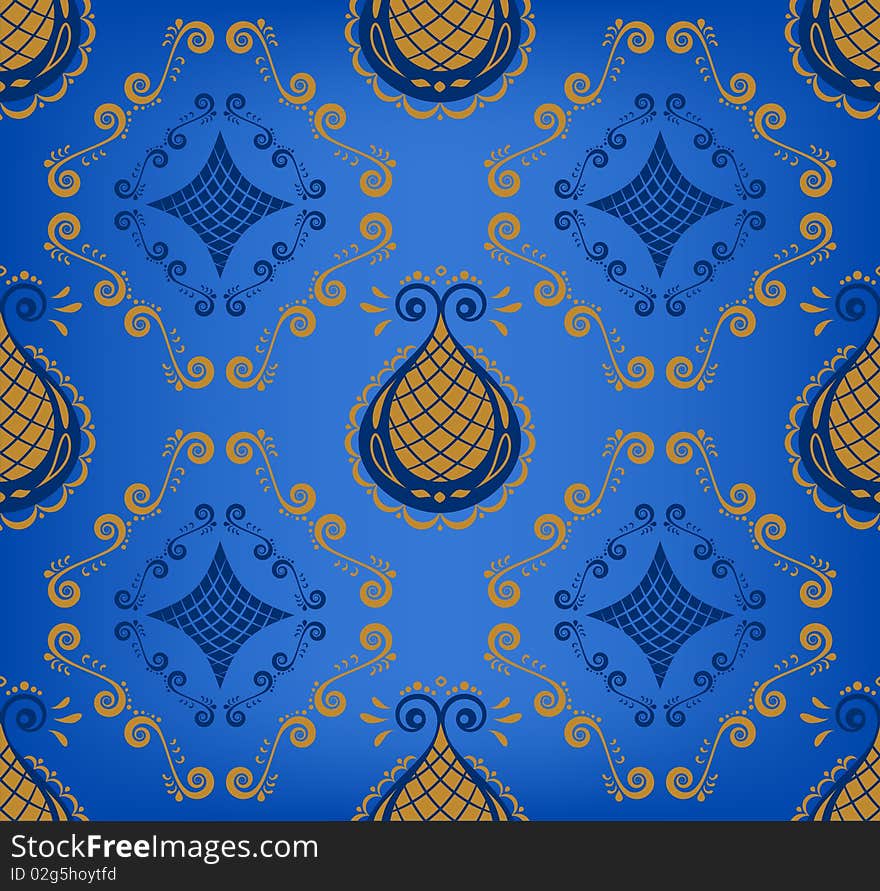 Vector cobalt and gold decorative royal seamless floral ornament. Vector cobalt and gold decorative royal seamless floral ornament