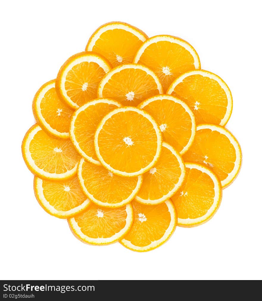 Sliced oranges on a white background