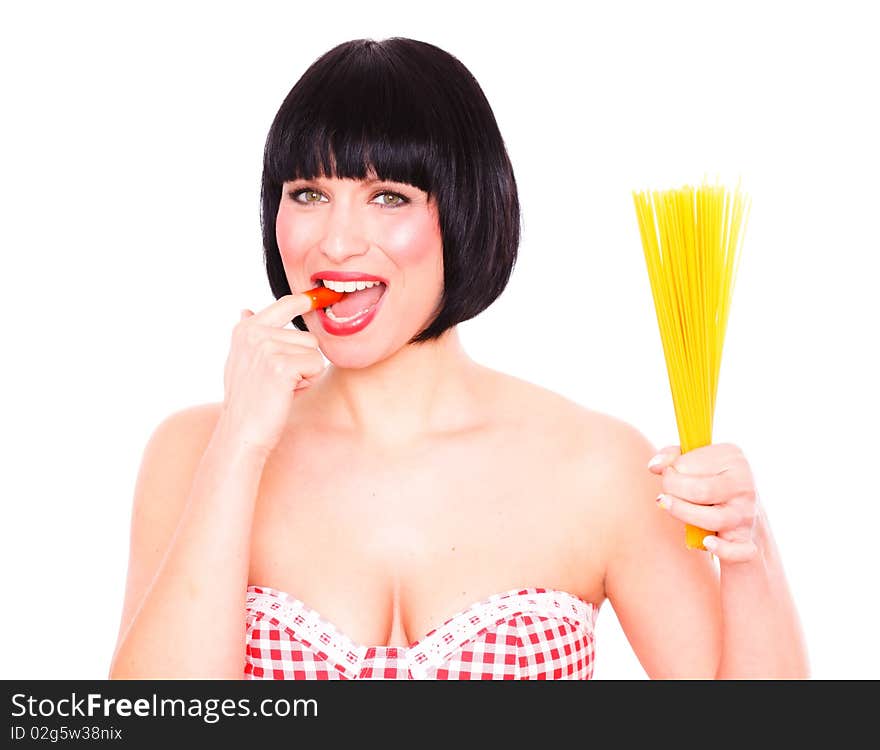 Funny female portrait shot with food. Funny female portrait shot with food