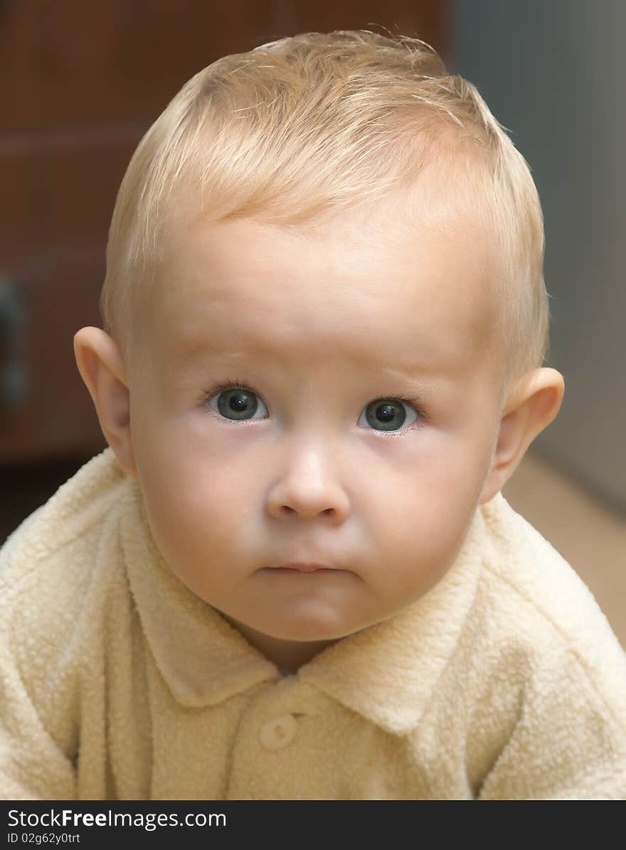 Portrait of a young child closeup. The child looks clever and serious.