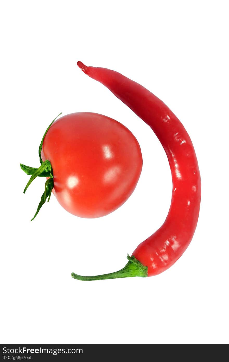 Tomato and red Chili pepper on white background