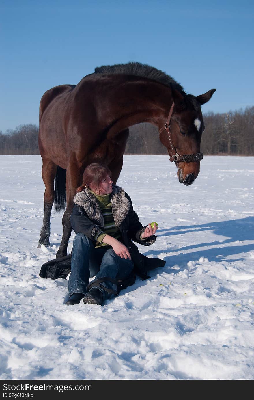 Young girl siiting on snow and her horse. Young girl siiting on snow and her horse