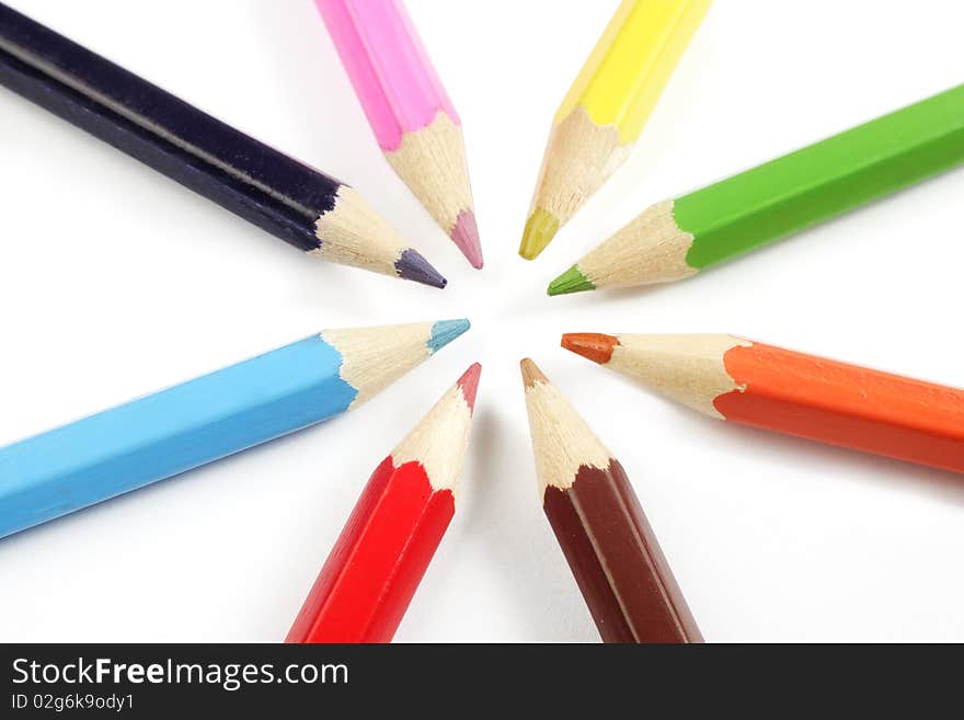 Color pencils in arrange in color wheel. Color pencils in arrange in color wheel