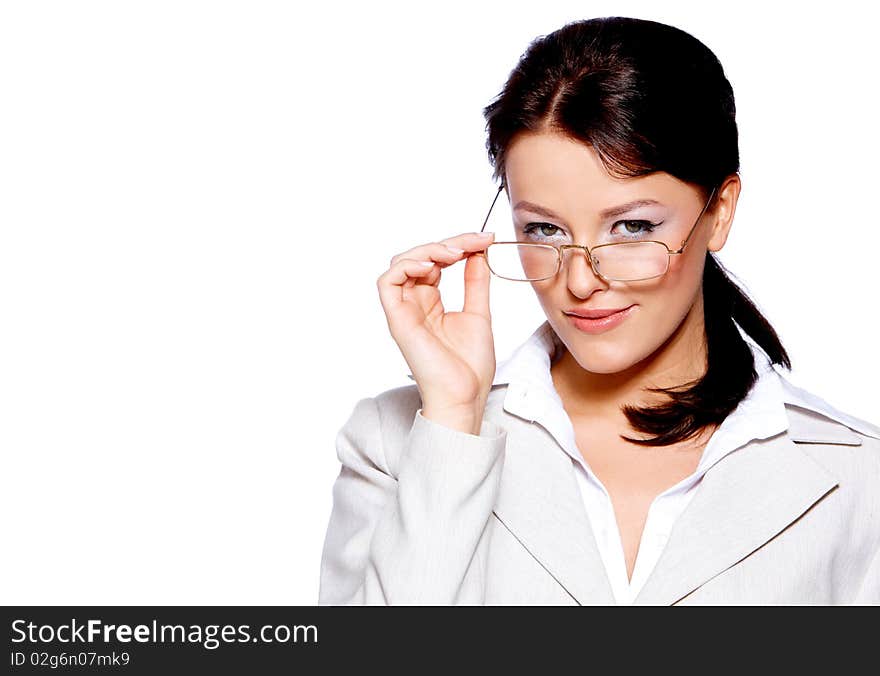 Portrait of a beautiful business woman in glasses isolated on white. Portrait of a beautiful business woman in glasses isolated on white