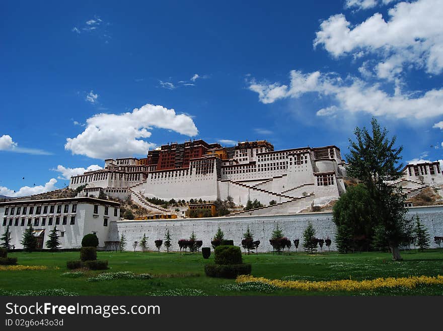 The potala palace with blue sky in summer .