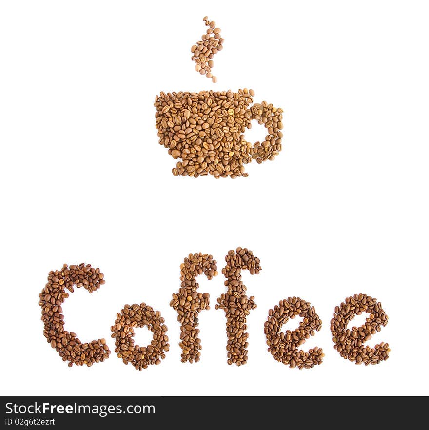 Inscription from coffee grains on a white background