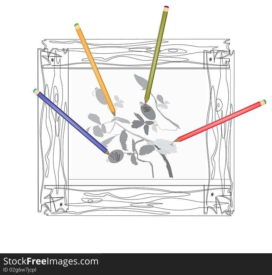 The dogrose image on a canvas in a framework drawn by four pencils. The dogrose image on a canvas in a framework drawn by four pencils