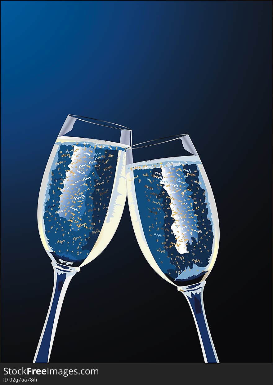 Two Champagne glass on blue background. Vector. Two Champagne glass on blue background. Vector