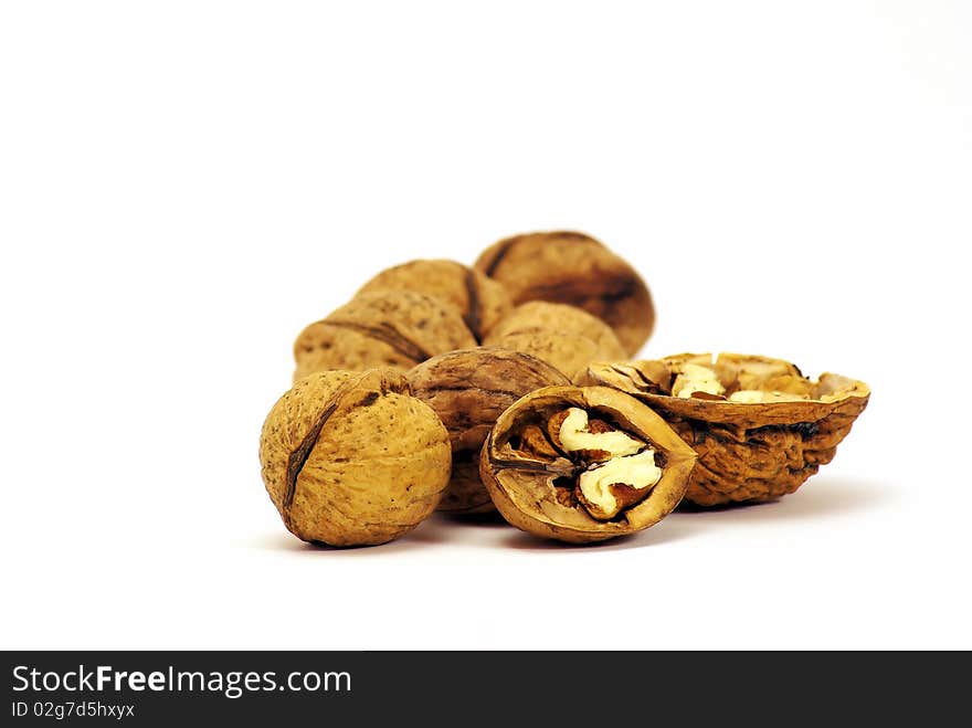 Walnuts on the white background