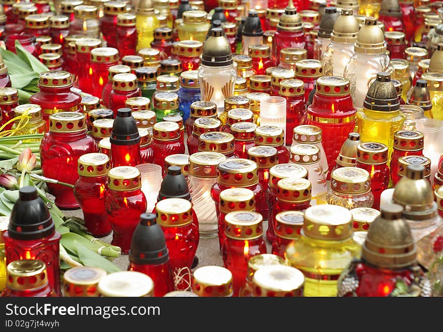 Colorful candles on the ground