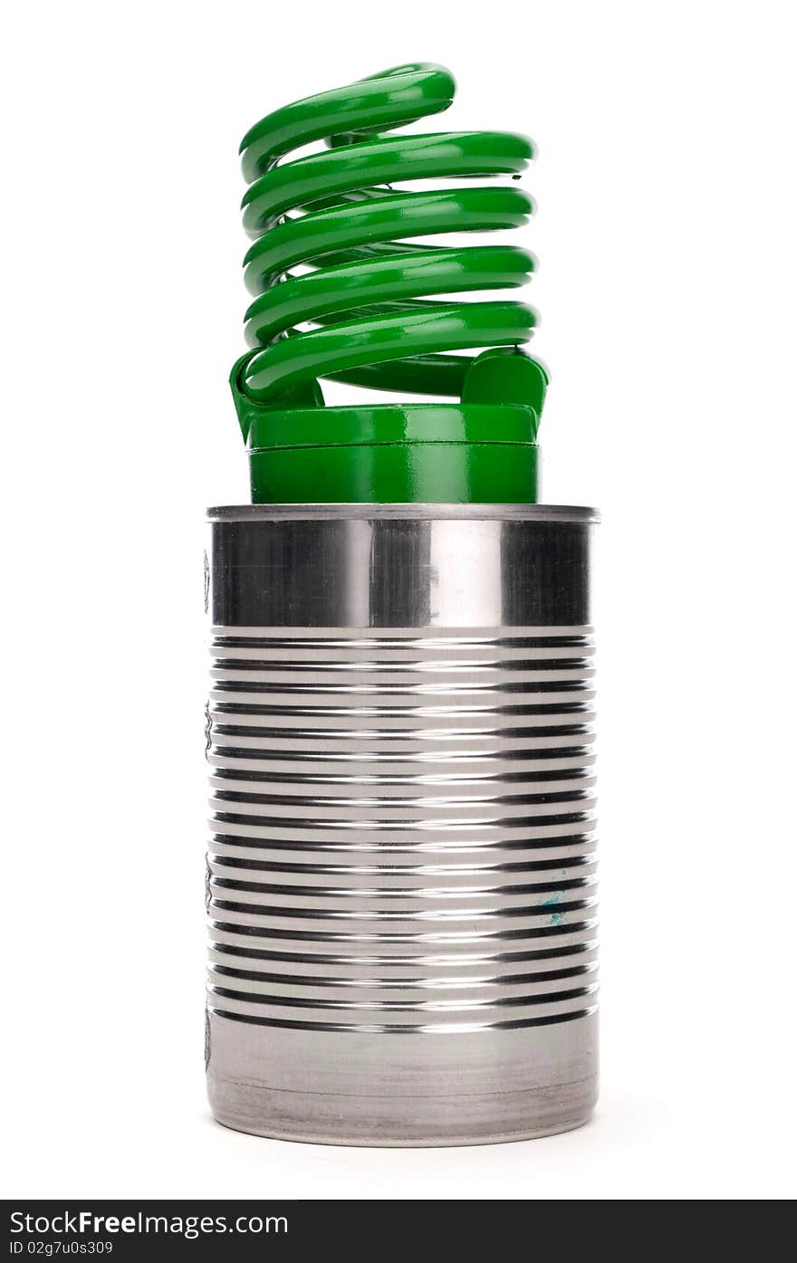 Green Compact Fluorescent Bulb In A Tin Can