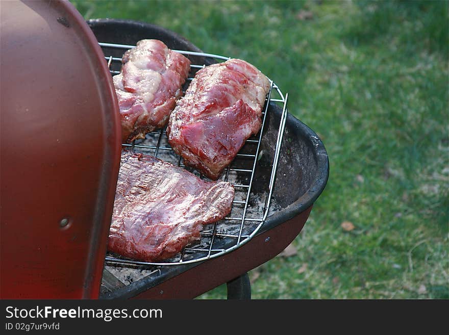 Meat on the grill at a summer backyard barbecue. Meat on the grill at a summer backyard barbecue.