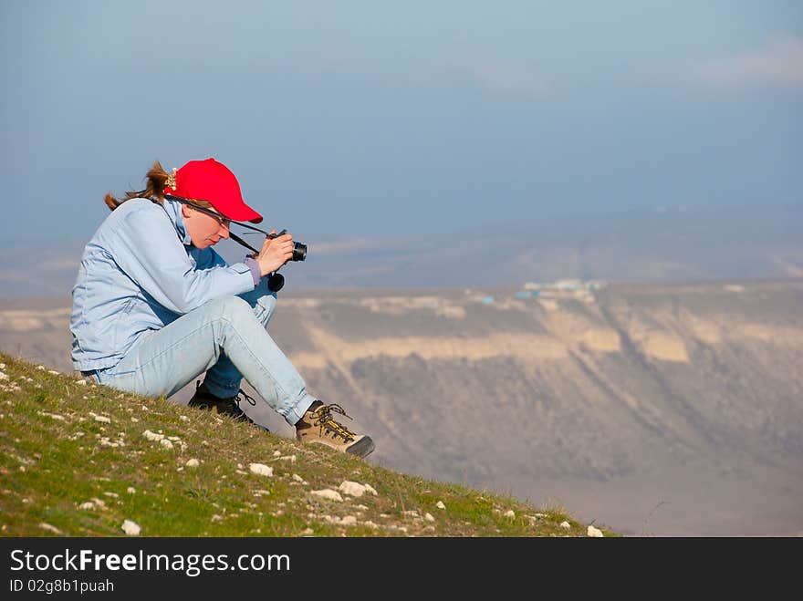 Hiker take a picture on a nature. Hiker take a picture on a nature