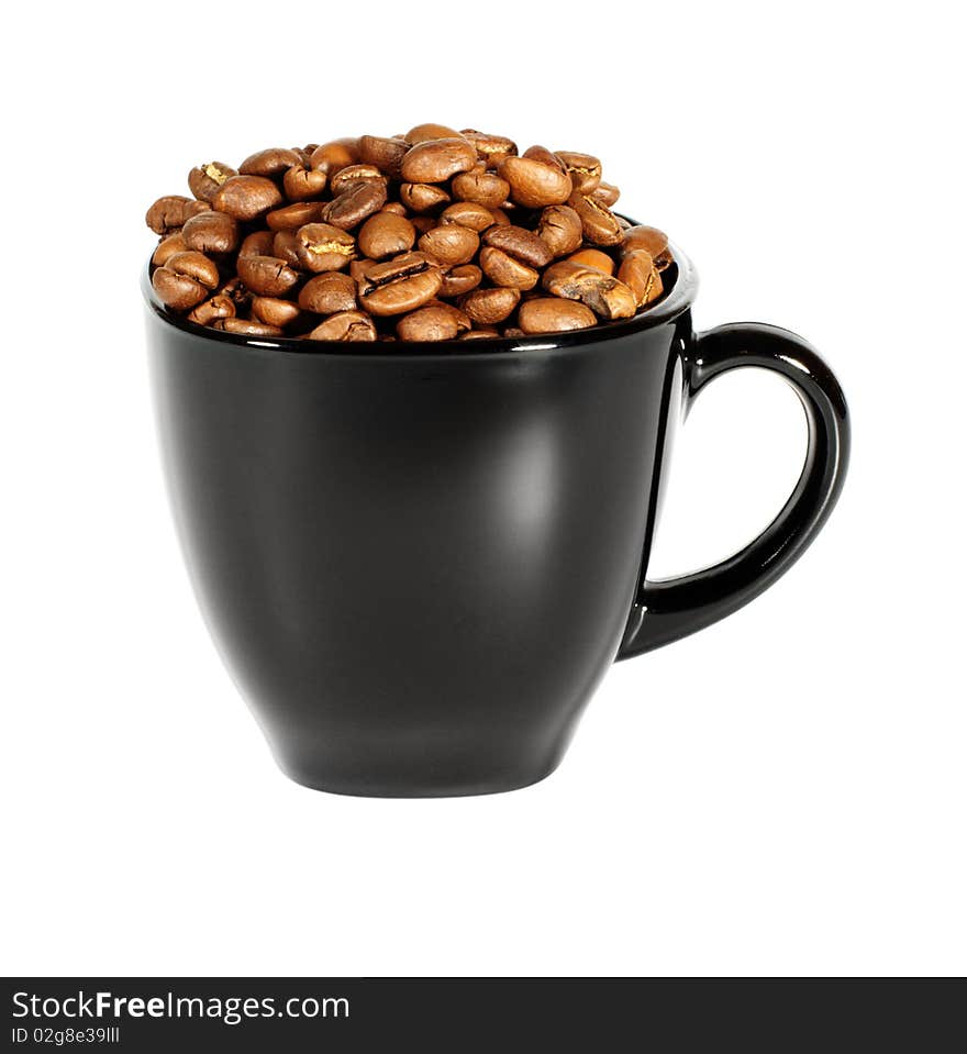 Cup with grain coffee isolated on white background