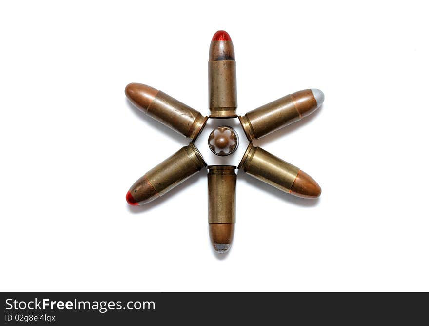 Six-pointed star of 9mm cartridges isolated