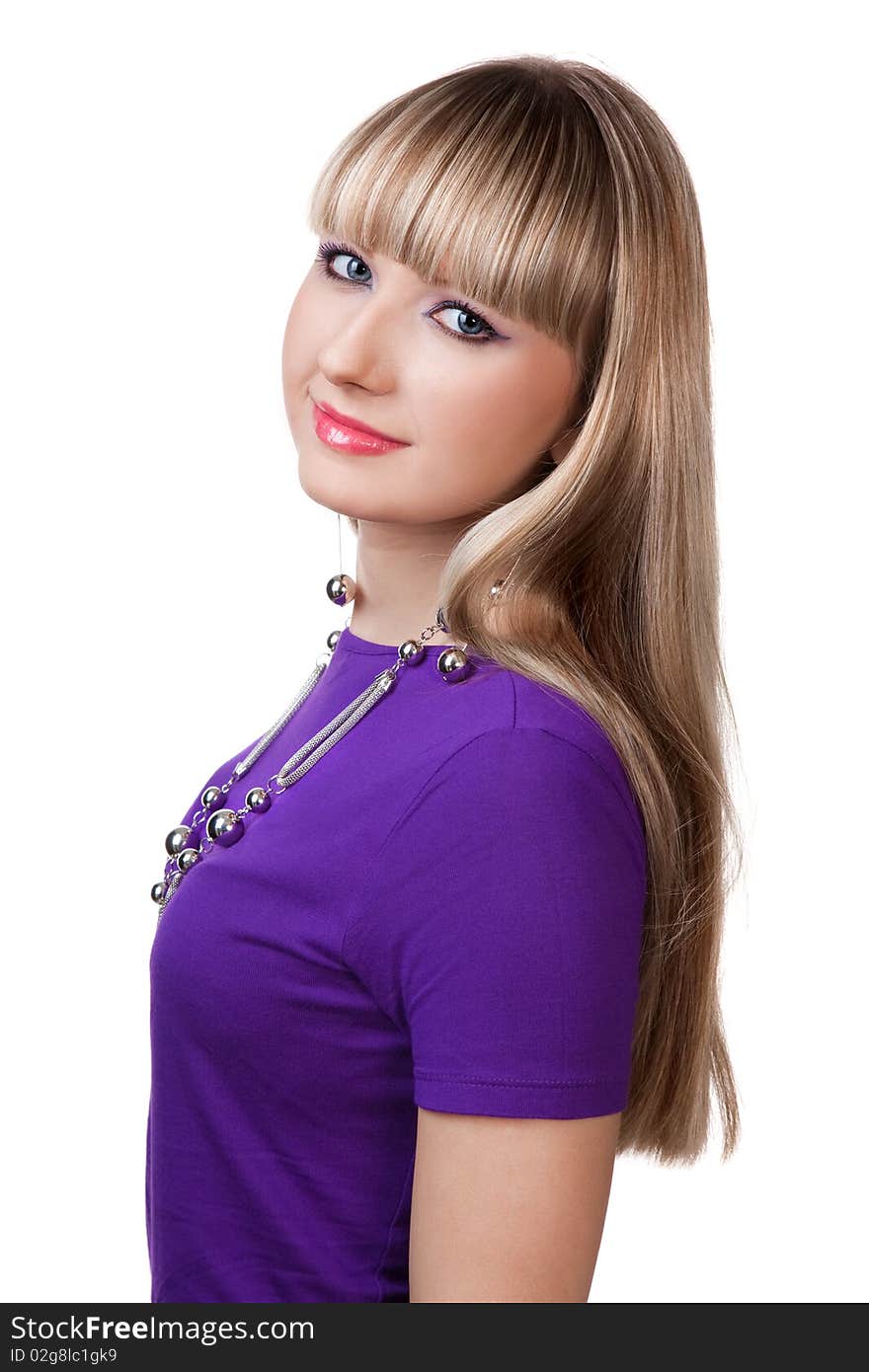 Beautiful Girl In Purple Clothes With Silver Neckl