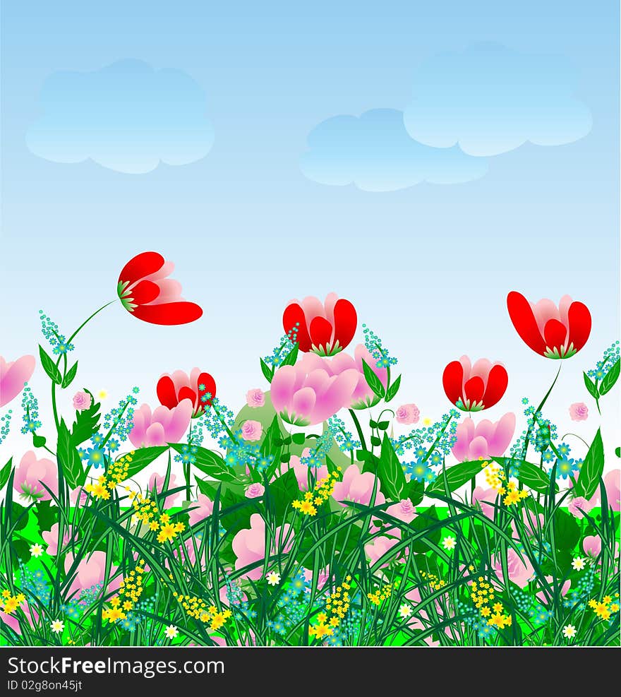 Meadow background with colored flowers