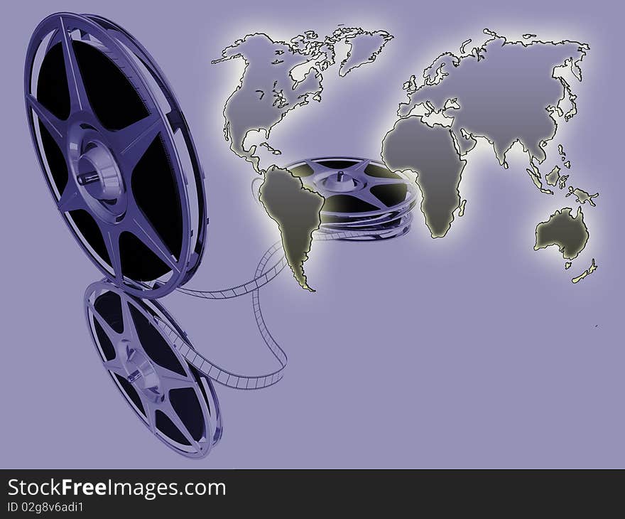 On 3d image render of two film-roll on mirrow and earth map. On 3d image render of two film-roll on mirrow and earth map