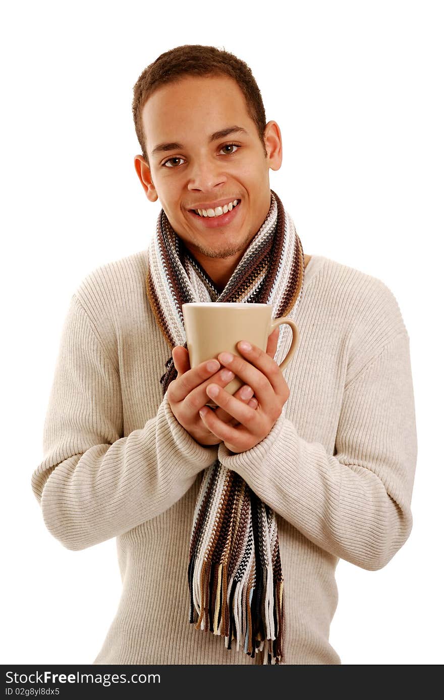 Teenage boy holding cup isolated on white. Teenage boy holding cup isolated on white