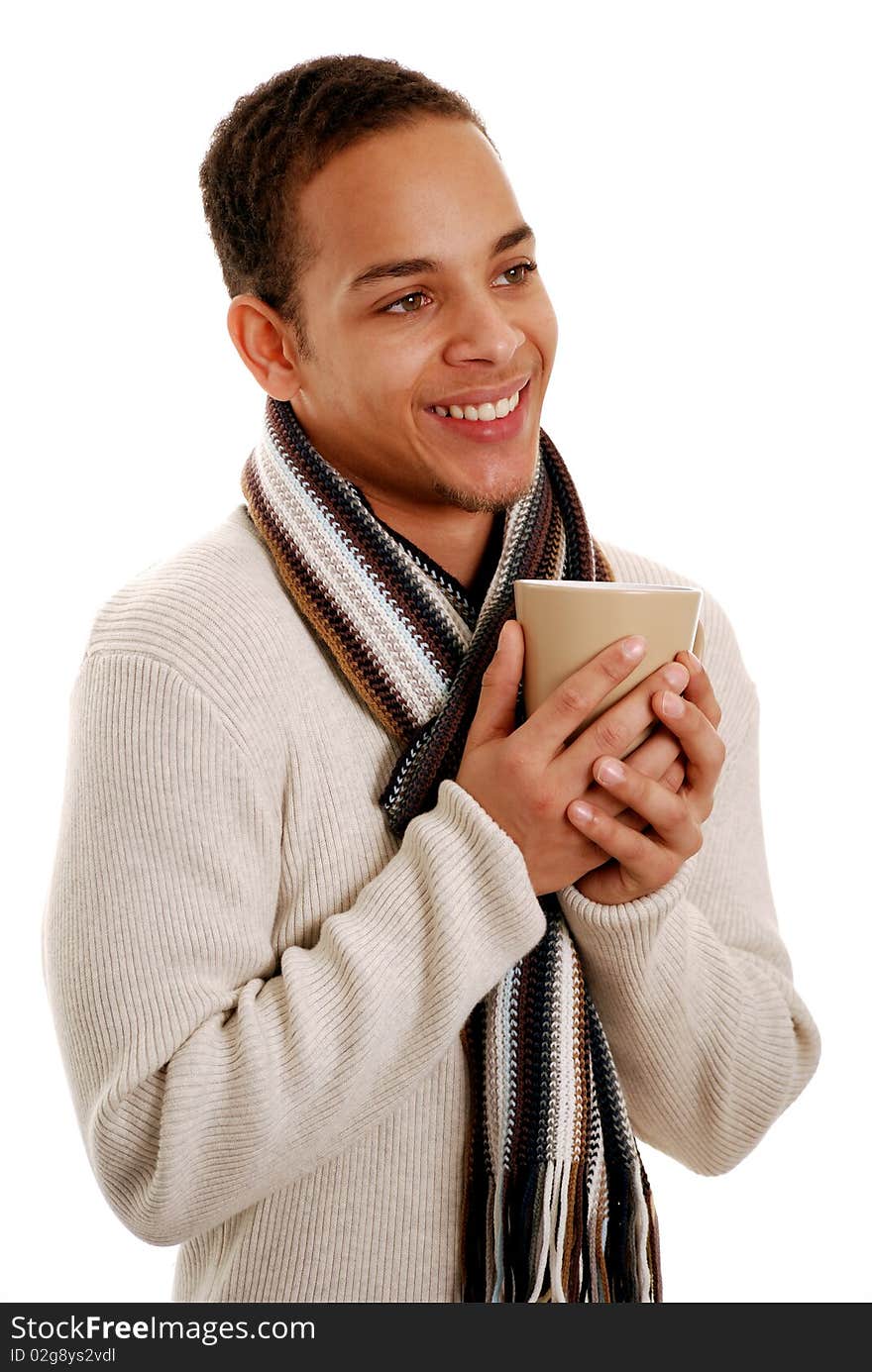 Teenage boy smiling holding cup isolated on white. Teenage boy smiling holding cup isolated on white