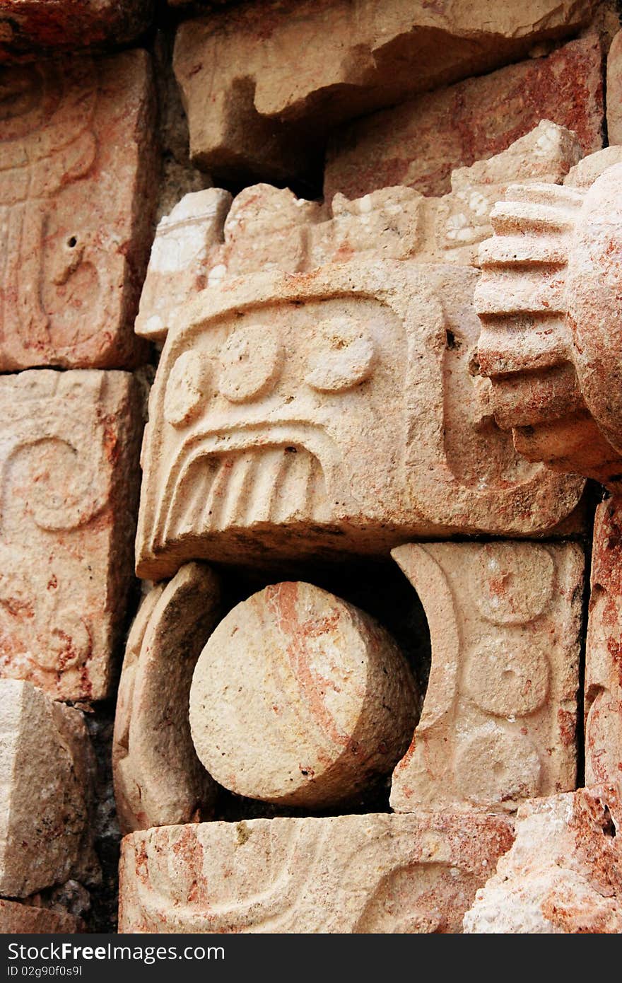 Ancient sculpture representing the god of the rain in ruins of an old maya city, yucatan, mexico. Ancient sculpture representing the god of the rain in ruins of an old maya city, yucatan, mexico