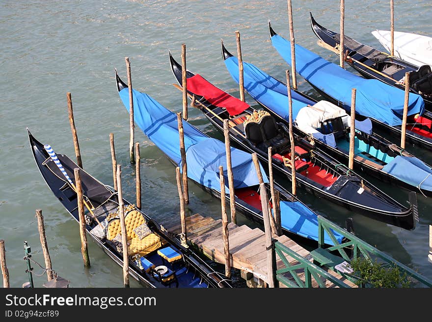 Gondolas moored in Venice