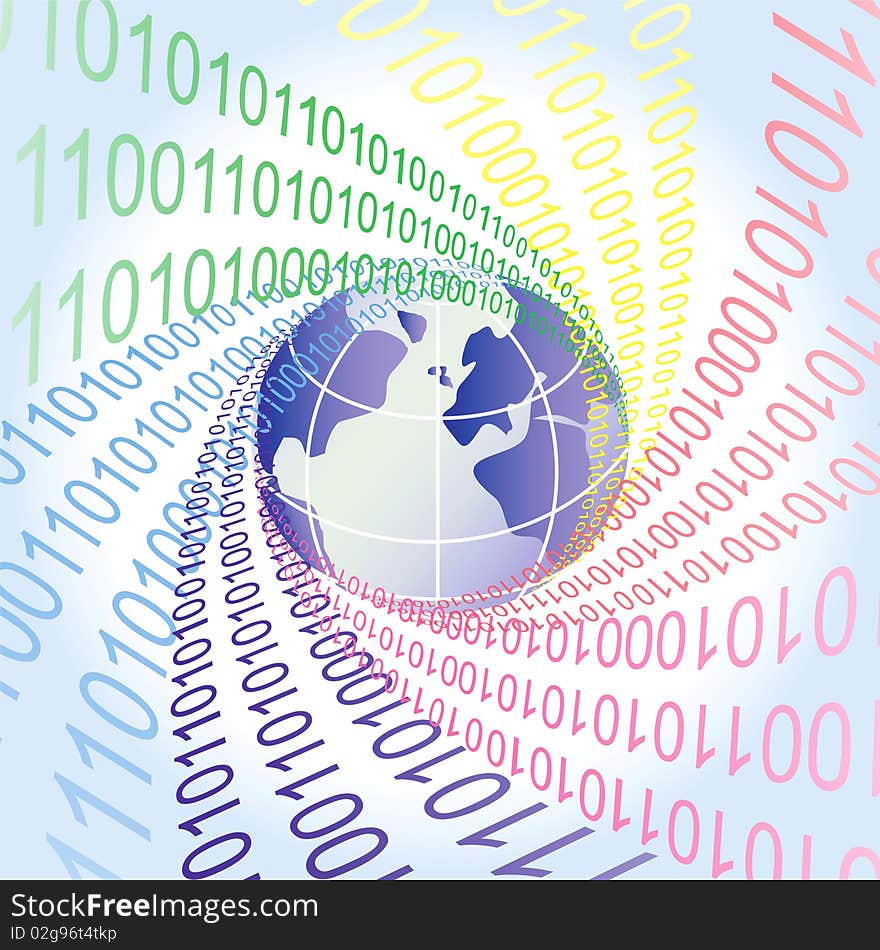 Abstract background with earth and colorfull flows of binary figures. Abstract background with earth and colorfull flows of binary figures.