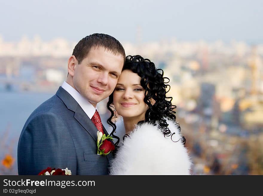 Happy bride and groom on their wedding day