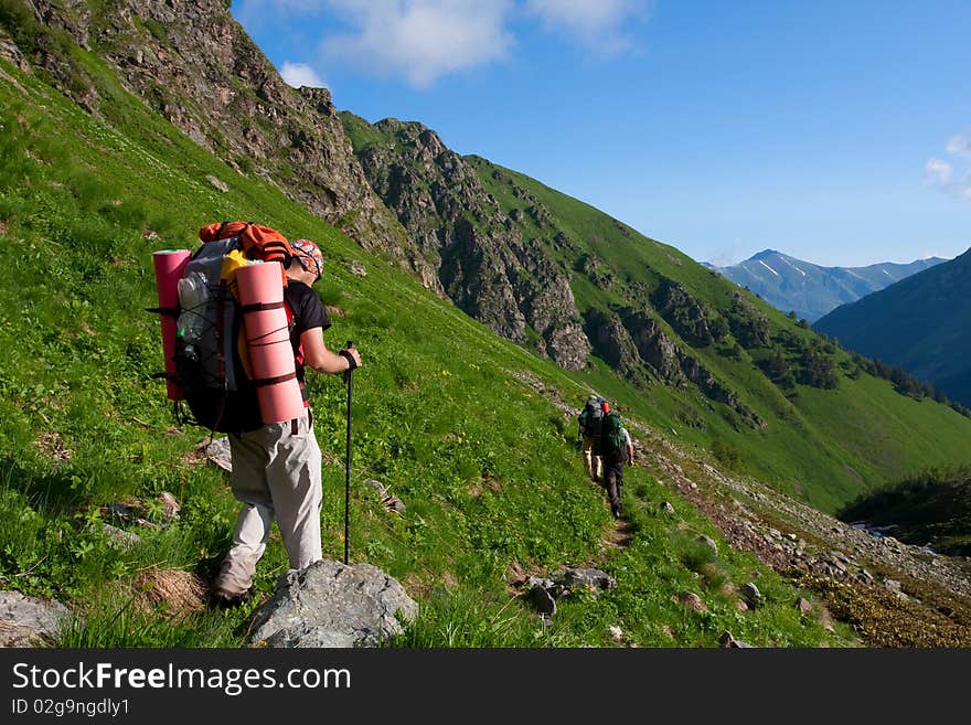 Hikers group in Caucasus mountains