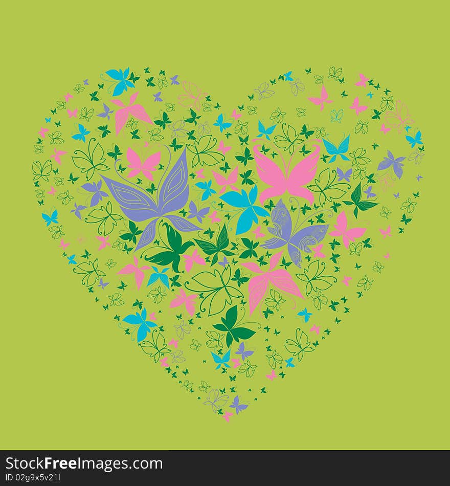 Colorful heart shape made from butterflies