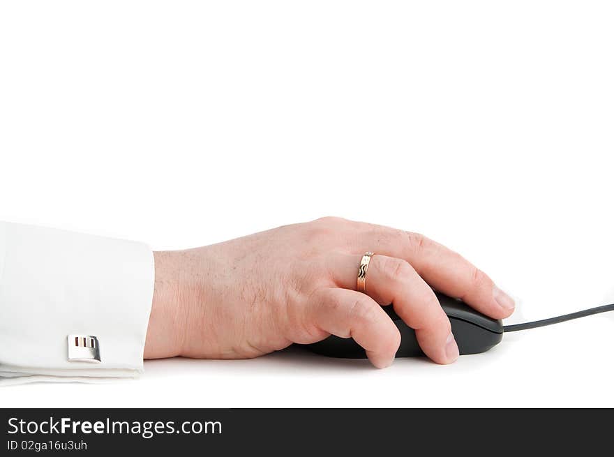 Hand holding black mouse white isolated. Hand holding black mouse white isolated