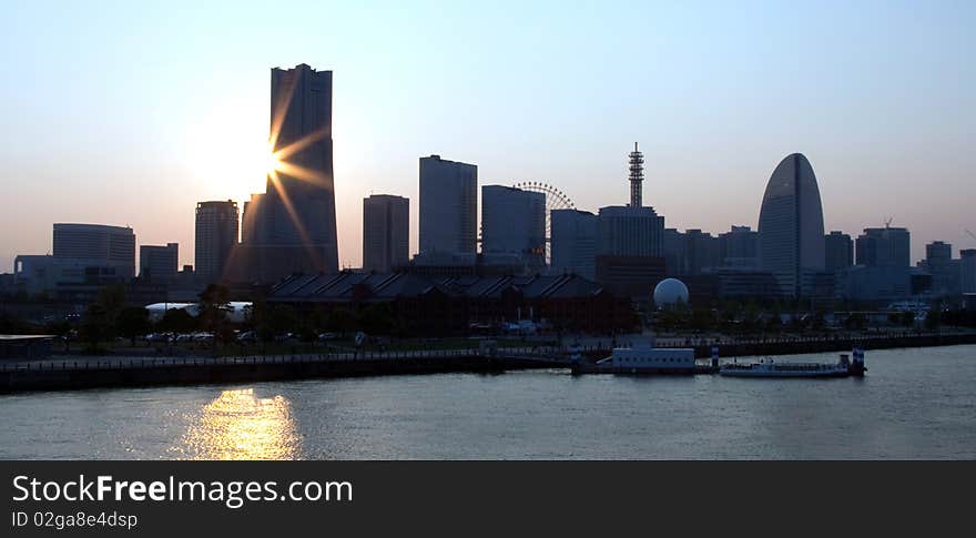 Yokohama Japan skyline.Sunset May 2009