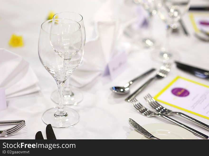 Wine glasses on a white festive table. Wine glasses on a white festive table