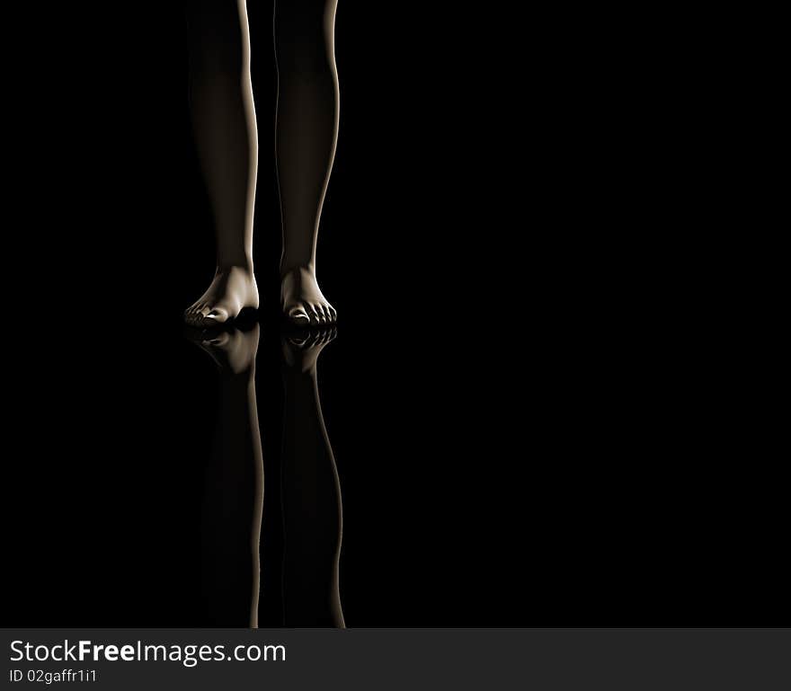 Dramatize image of a feet of a woman in a black background. Dramatize image of a feet of a woman in a black background