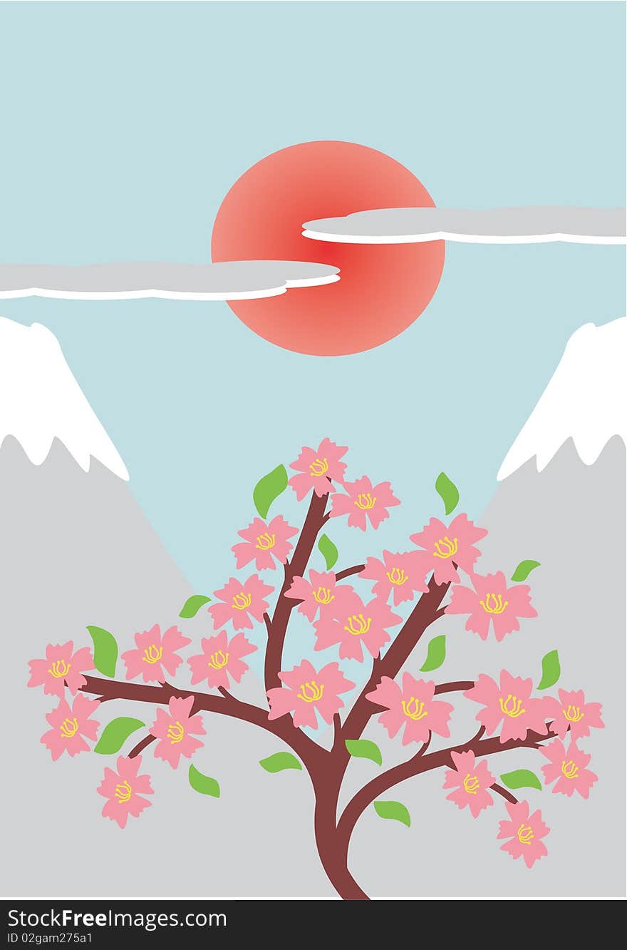 Japanese style illustration with cherry tree