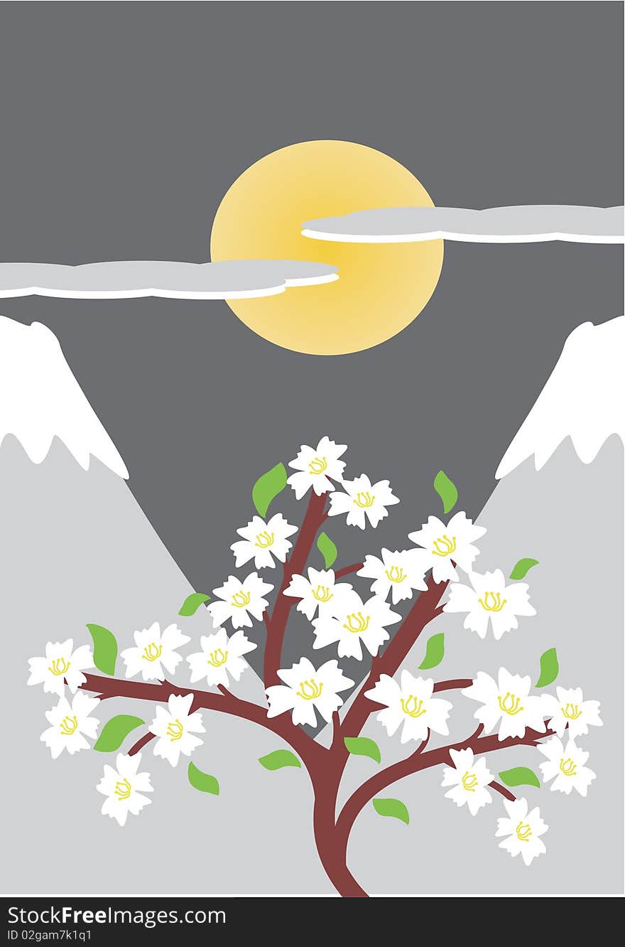 Illustration of japanese night with cherry tree